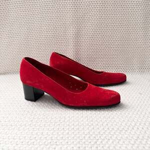 Arche Made in France Red Suede Perforated Almond Toe Stacked Heel Pumps 38